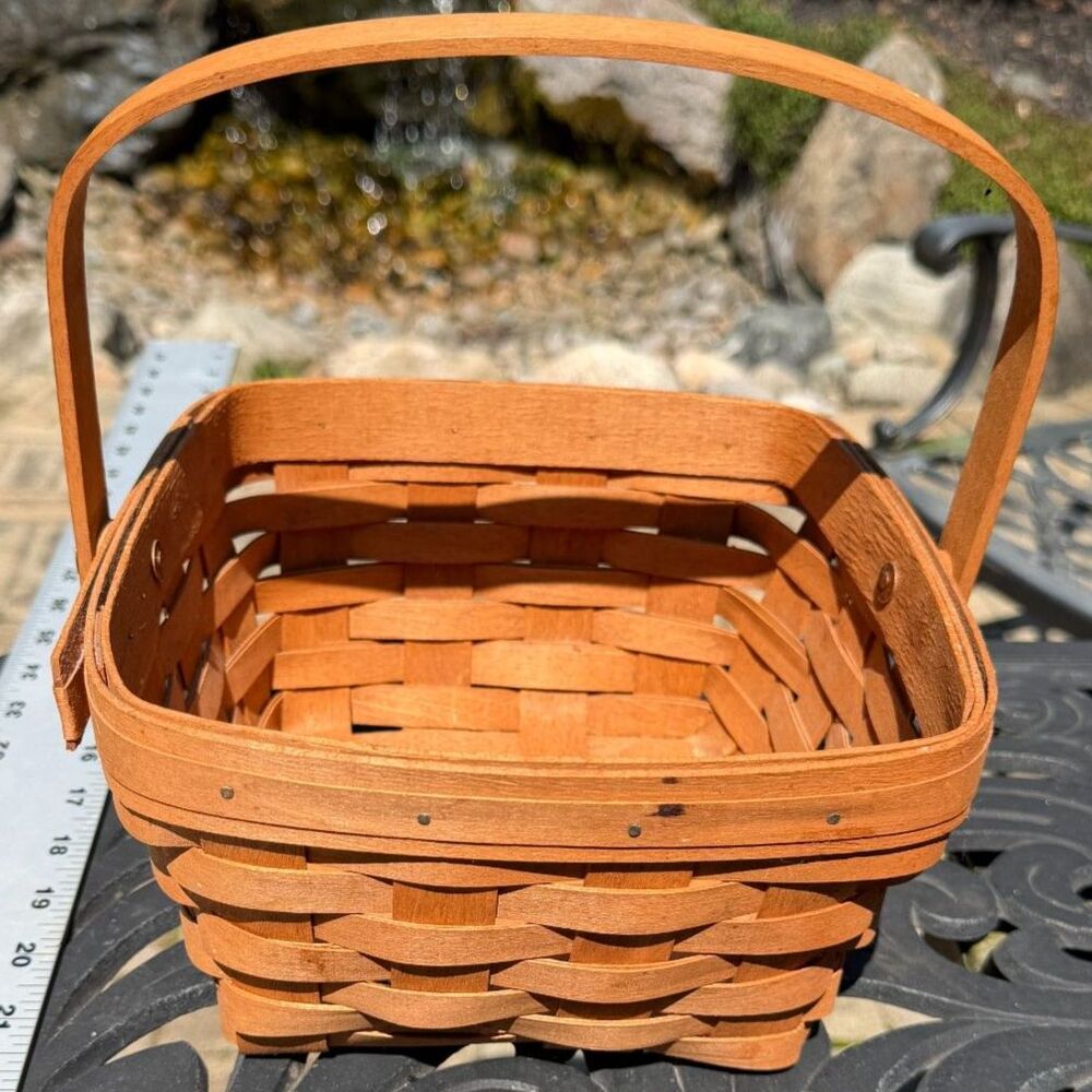 Vintage Longaberger 1989 Square Berry Basket Single Fixed Handle Wood Signed KR